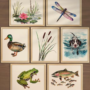 Vintage Angeln Kinderzimmer Wand Kunst Set von 7 Angeln Print Stockente Ente Forelle Print Jagd Hund Jungen Raum Dekor Camping Print Cabin Decor 018