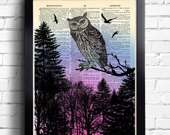 Owl Forest Tattoo Art Print Owl Forest Birds Poster Owl Dark Forest Tattoo Wall Art Trees Gothic Bedroom Decor Gift for Her Gift for Him 155