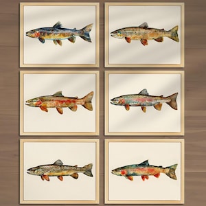 Vintage Fishing Wall Art Set of 6 Prints Fishing Wall Decor Trout Poster Man Cave Wall Decor Trout Fishing Art Fishing Men&#39;s Room Decor 003