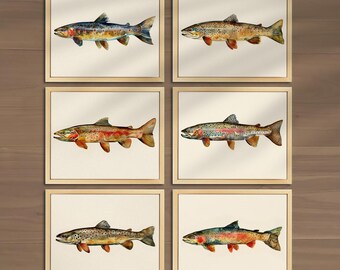 Vintage Fishing Wall Art Set of 6 Prints Fishing Wall Decor Trout Poster Man Cave Wall Decor Trout Fishing Art Fishing Men&#39;s Room Decor 003