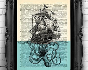 Giant Octopus Ship Sea Print Squid Art Nautical Poster Bathroom Wall Decor Beach Home Art Print Squid Poster Squid Bathroom Wall Decal 116