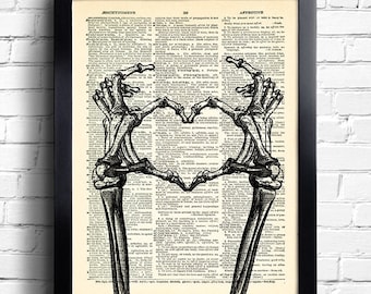 Skeleton Hands shaping Heart Poster Cool Love Art Print  Dictionary Page, Funny Love Art,  Anniversary Gift, Gift for Husband 031