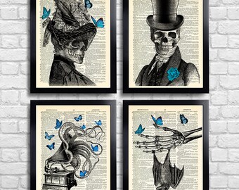 Gothic Print Set of 4 Gothic Wall Art Skeleton Couple Skull Blue Butterfly Art Gothic Bedroom Decor Skeleton anniversary Bat Goth gift  193