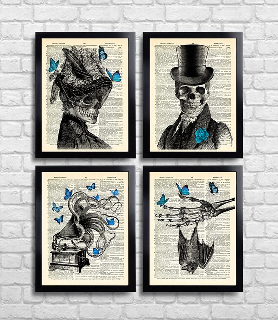 Gothic Print Set Of 4 Gothic Wall Art Skeleton Couple Skull Blue Butterfly Art Gothic Bedroom Decor Skeleton Anniversary Bat Goth Gift 193