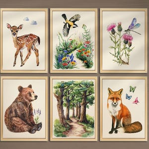 Woodland Nursery Prints Set of 6 Woodland Nursery Wall Decor Forest Animals Prints Farmhouse Nursery Art Wildlife Nursery Art Fox Print 020