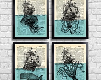 Octopus Ship Poster Set of 4 Prints Squid Gift Set Bathroom Wall Decor Squid Art Print Whale Nautical Squid Drawing Sea Life Art Print 190