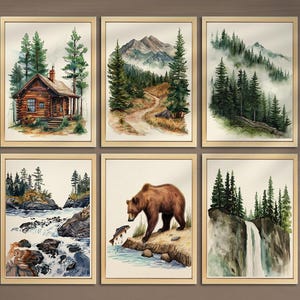 Vintage Landscape Camping Nursery Wall Art Set of 6 Wildlife Fishing Print Pine Tree Print  Mountain Wall Art Camping Print Cabin Decor 021