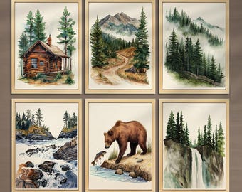 Vintage Landscape Camping Nursery Wall Art Set of 6 Wildlife Fishing Print Pine Tree Print  Mountain Wall Art Camping Print Cabin Decor 021