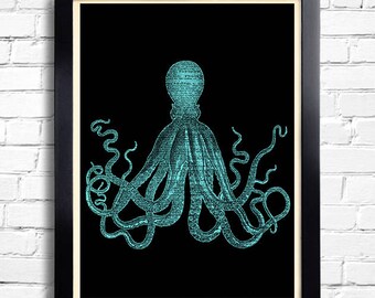 Octopus Squid Art Print BLUE Octopus Poster, Octopus Bathroom Wall Decor, Beach Home Art Print Squid Poster, Octopus Bathroom Wall Decal 101