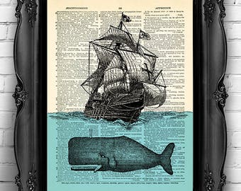 Giant Whale Ship Sea Art Print Whale Nautical Art Print Bathroom Wall Decor Beach Home Art Print Whale Poster Whale Bathroom Wall Decal 113