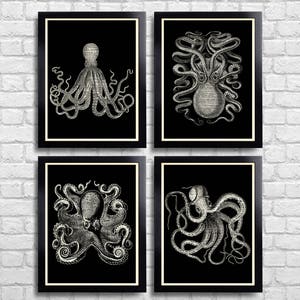 Octopus Poster Set of 4 Prints BW Squid Gift Set Bathroom Wall Decor Squid Art Print Octopus Nautical Squid Drawing Sea Life Art Print 100b