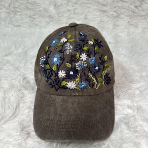 Hand Embroidered Floral Baseball Cap, 100% Cotton Hat, Botanical Garden Design, Gift For Women