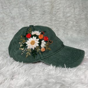 Hand Embroidered Floral Baseball Cap, 100% Cotton Hat, Botanical Garden Design, Gift For Women