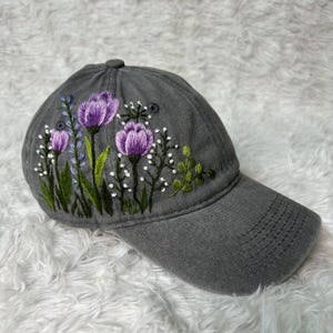 Hand Embroidered Hat, Purple Flower Embroidered Baseball Cap, Wild Floral Denim Cap, Vintage Hat For Woman