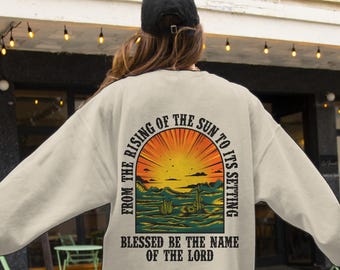 Sudadera con el Salmo 113 del cristianismo occidental, cuello redondo estilo vaquera bohemia con amanecer, versículo bíblico