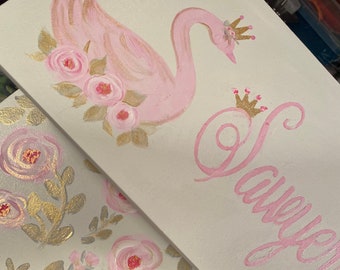 Gold Pink WHITE SWANS Nursery Decor,  Girls step stool, Swan Princess, Roses, Crowns,  Bathroom Stool,  Personalized,  Kids, Toddlers Childs