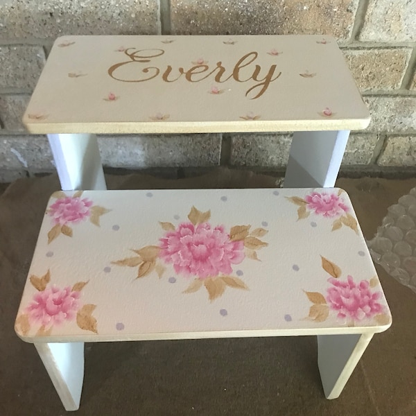 Girls Kids Step stools, Peonies, Rose Gold Pink Roses, personalized gifts for kids, Bathroom stool, childs bench, custom baby nursery decor