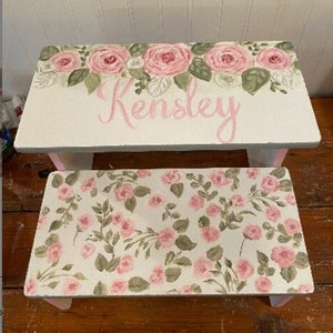 Girls Personalized Step Stool, Kids Furniture, Roses, Romantic Floral, Bathroom Stool, baby Nursery gifts, Black Stripes image 3