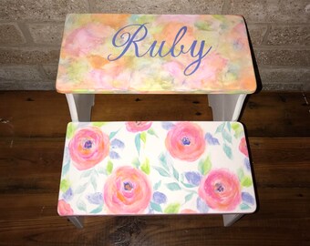 Boho, Eclectic Watercolor flowers, pink blue coral, Bathroom stool, Girls personalized gift, girls, benches, Custom,