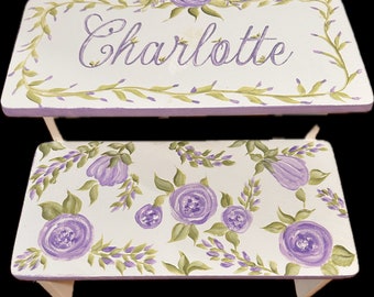 Hand Painted Lavender, Vintage roses, Custom, Gold, Cottage, childs, bathroom stool, personalized