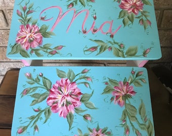 Hand Painted  Vintage inspired floral, Girls, turquoise pink grey, personalized gifts wood, benches,baby nursery decor