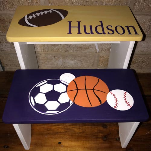 Sports, boys steps, personalized gifts, bathroom stool, shops navy yellow, nursery decor, childs, kids, wood, pet stair
