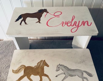 Horse decor for girls, step stool painted horses, grey paints palamino, ponies, bathroom stool, baby nursery, cowgirls  personalized gifts.