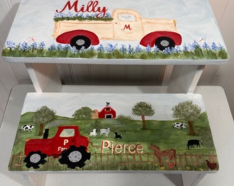 Barn yard farm Decor, RED tractor,barns cows, bathroom stool personalized gifts, boy or girl stools, baby nursery,.Blueberry truck