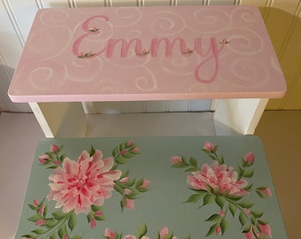 Vintage floral Girls step stool personalized, pinks light robins egg blue, nursery decor Kids Furniture, hand painted, gifts, baby !