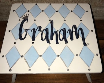 Hand Painted  Step stool, toddler child kids, bathroom stool, personalized gifts, sky blue, navy white, Custom your colors, nursery boy