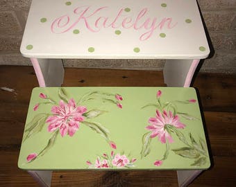 Steps Stools, Pink Green Floral, BENCH, Bathroom Stools, Girls Nursery, Personalized free, Toddler step stool