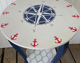 Nautica, Nautical, Table, childs, kids table, compass, anchors ropes, toddler, ship wheel, round table, baby nursery, boys, navy red white,