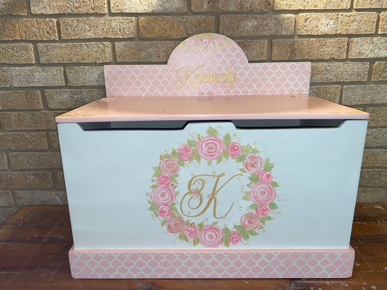 Personalized Girls Toy Box, pink Swans, Roses, Gold Pink, Hand made toy box,storage chest, gift, nursery baby gift, Girls. image 6