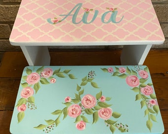 Vintage inspired Floral, Girls, Step stool benches, pink light teal turquoise,bathroom stool, personalized, toddler, baby Nursery, Baby gift