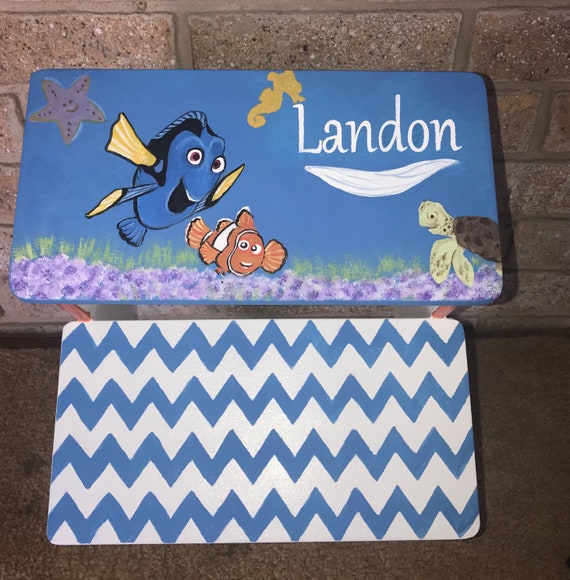 Hand Painted Wood Bathroom Stool Bench Nemo Dory Blue Etsy