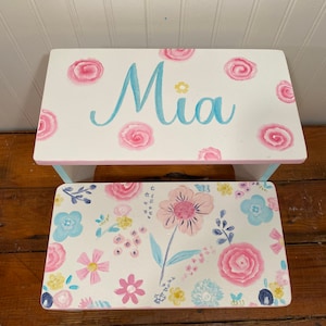 Girls stool, hand painted. Sasha bedding, Pink Floral, Bathroom Stools, Personalized, Baby nursery, image 1
