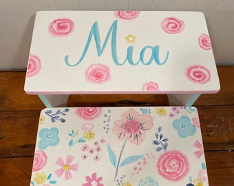 Girls stool, hand painted. Sasha bedding, Pink Floral, Bathroom Stools, Personalized, Baby nursery,