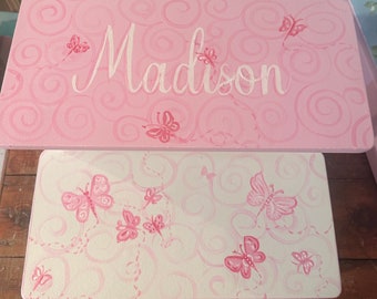 Girls Step Stool pink butterfly's Childs kids Toddlers,decor, personalized gifts, baby nursery, bathroom step stool,