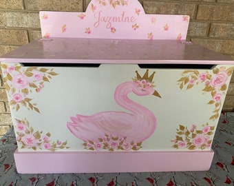 Personalized Girls Toy Box, pink Swans, Roses, Gold Pink, Hand made toy box,storage chest, gift, nursery baby gift, Girls.