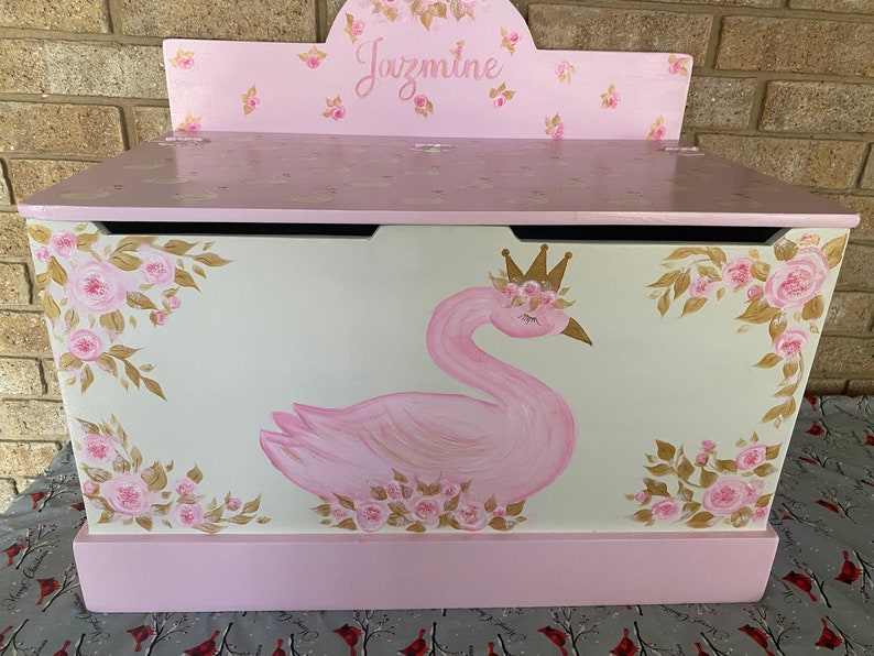 Personalized Girls Toy Box, pink Swans, Roses, Gold Pink, Hand made toy box,storage chest, gift, nursery baby gift, Girls. image 1