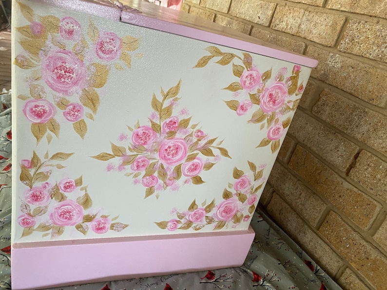 Personalized Girls Toy Box, pink Swans, Roses, Gold Pink, Hand made toy box,storage chest, gift, nursery baby gift, Girls. image 2