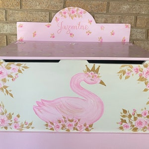 Personalized Girls Toy Box, pink Swans, Roses, Gold Pink, Hand made toy box,storage chest, gift, nursery baby gift, Girls. image 5