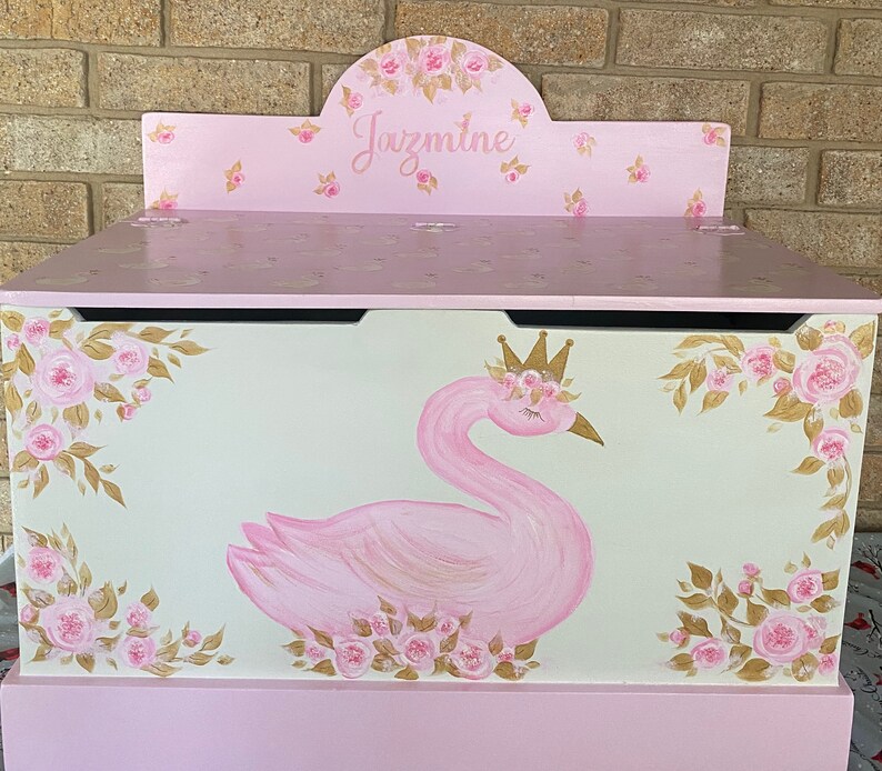 Personalized Girls Toy Box, pink Swans, Roses, Gold Pink, Hand made toy box,storage chest, gift, nursery baby gift, Girls. image 5