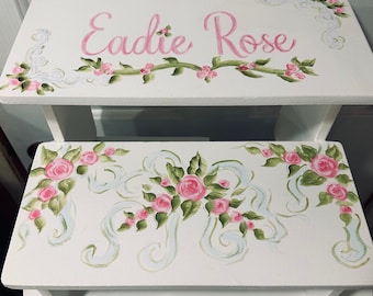 Girls  Personalized Step Stool,Kids Furniture, Roses, Romantic Floral ribbons, Bathroom Stool, baby Nursery gifts, wood