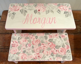 Watercolor roses, blush, pink,coralish tan, peach, bathroom stools, girls personalized gifts,nursery, baby shower, girls room.
