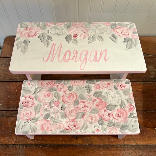 Watercolor roses, blush, pink,coralish tan, peach, bathroom stools, girls personalized gifts,nursery, baby shower, girls room.