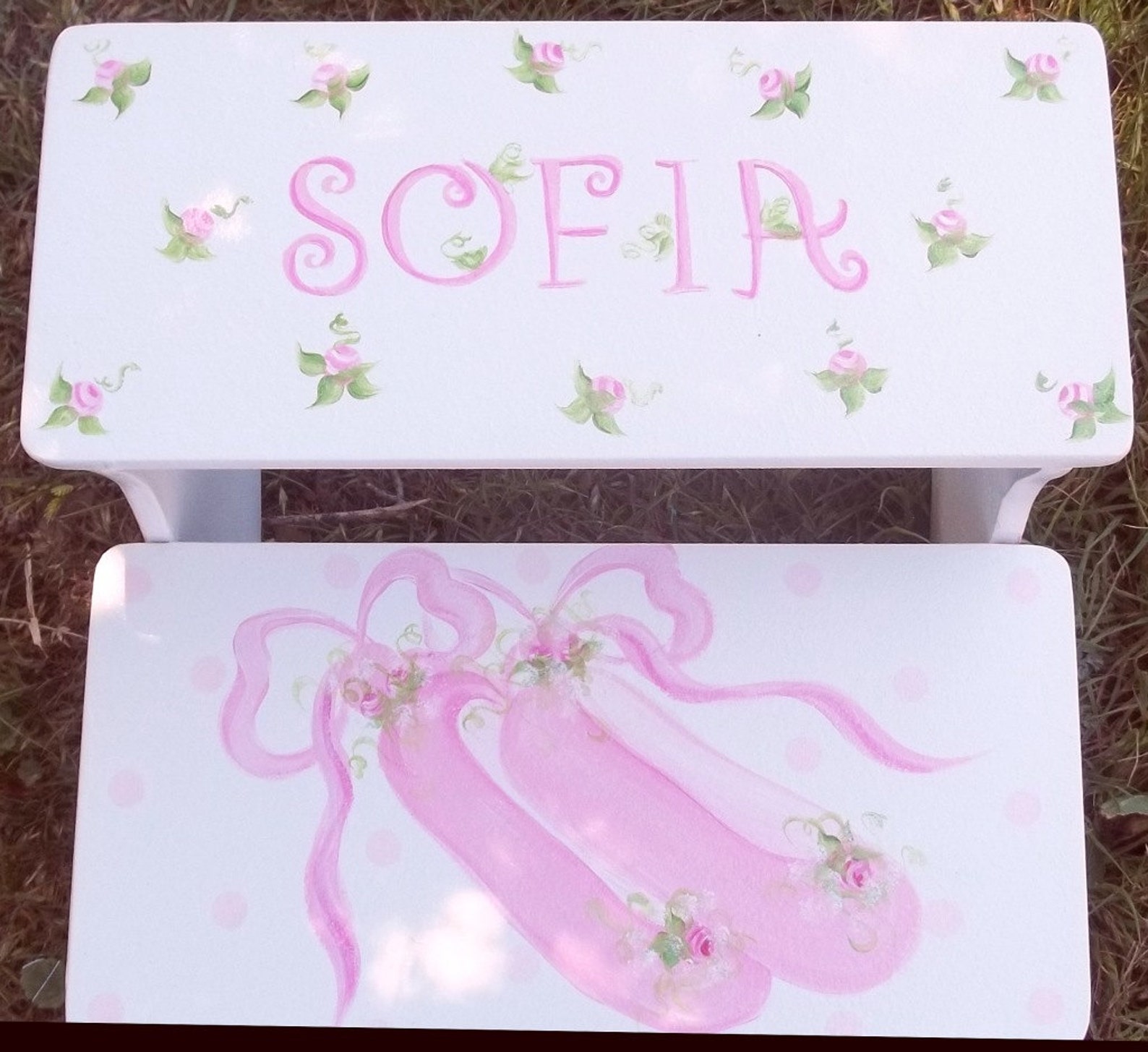custom, pink, ballet, ballerina shoes, childs step stool, benches, bathroom stool, personalized gifts