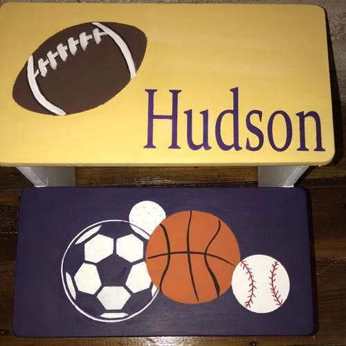 Sports, boys steps, personalized gifts, bathroom stool, shops navy yellow, nursery decor, childs, kids, wood, pet stair