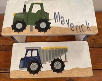 Boys step stool, tractors,dump truck, grey navy and forest green, farm, camo bathroom stool, personalized gifts, baby nursery, boys