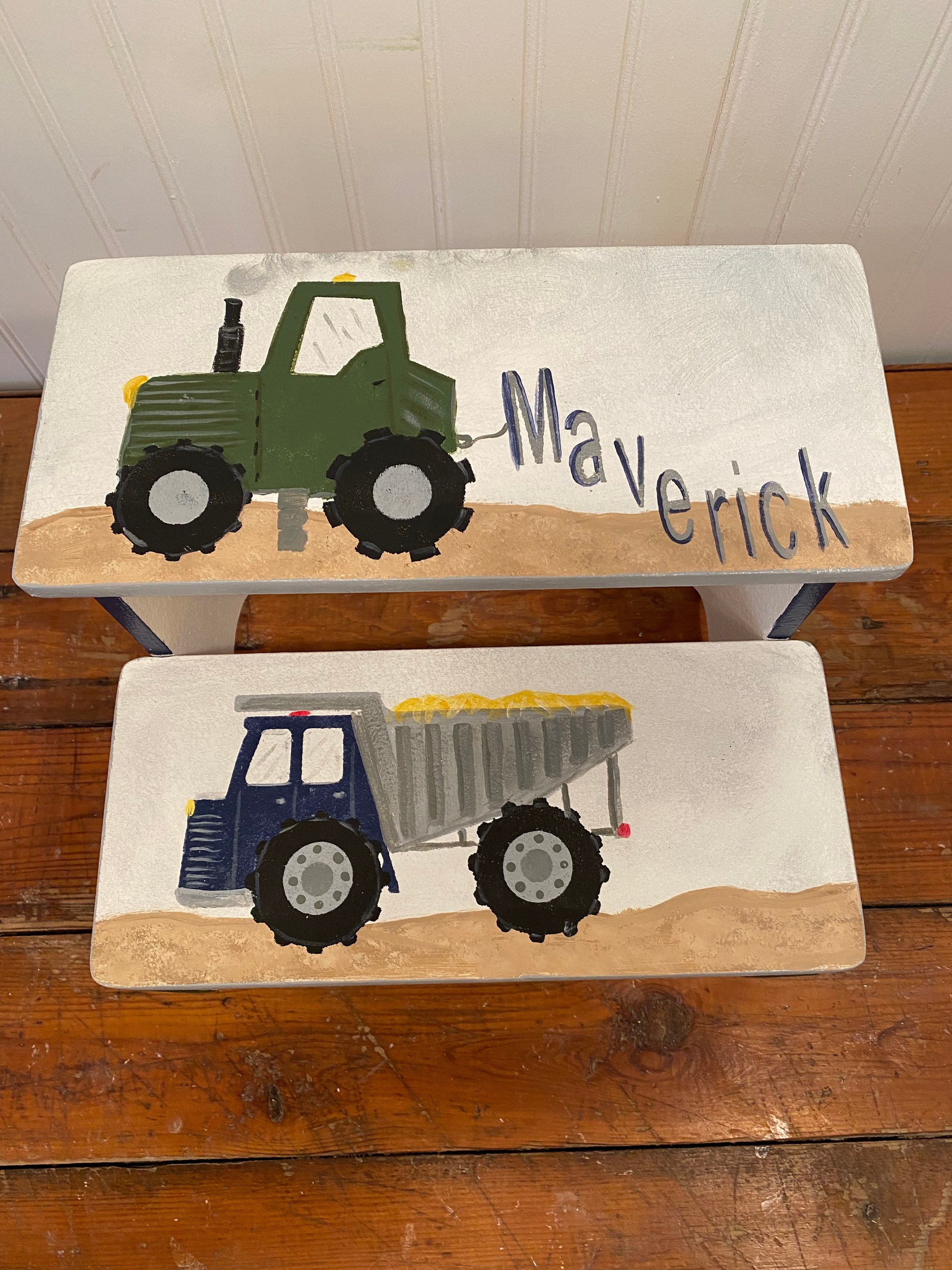 boys personalized gifts baby nursery camo bathroom stool farm Boys step stool grey navy and forest green tractors,dump truck